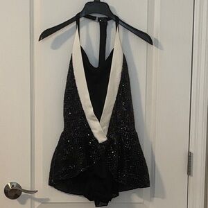 Black Sequin Halter Dance costume  with Ivory Trim Adult medium
